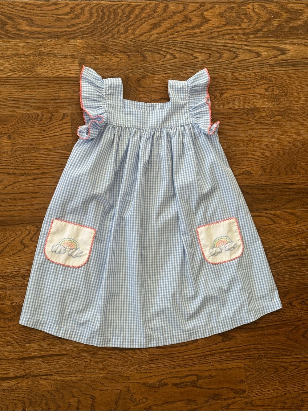 Shrimp & Grits Kids Blue Gingham Rainbow Embroidered Pocket Ruffle Dress
